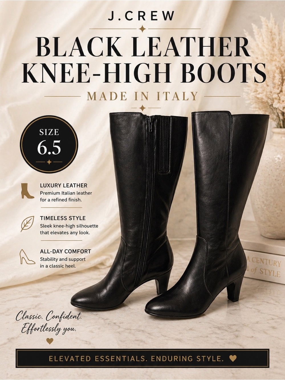 J.Crew Black Leather Knee-High Heeled Boots | Made in Italy | Size 6.5